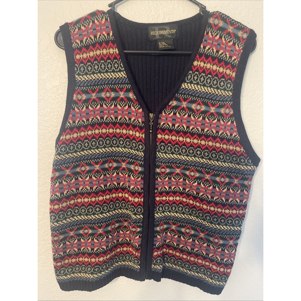 Vintage Requirements Fair Isle Sweater Vest Zip Front Wool Blend 90s Y2K Size L